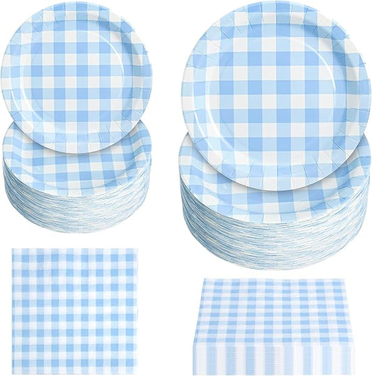 180Pcs Blue Gingham Party Supplies Paper Plates and Napkins Serve 60 Disposable Tableware Set for Birthday Party Decorations Game Day Family School Holiday Sports Events