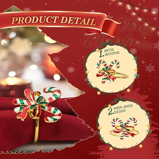 KPOSIYA 24pcs Christmas Napkin Rings Set of 12 and 12pcs Red Napkins Cloth, Metal Xmas Napkin Ring Holders for Winter Christmas Holiday Dinner Party Table Decoration