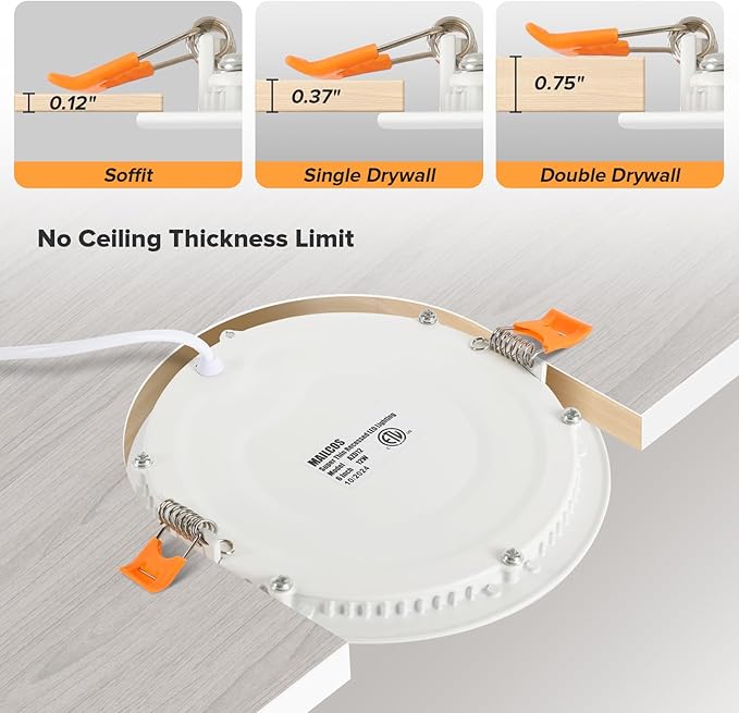 MAILCOS 6 Pack 6 Inch 5CCT Ultra-Thin LED Recessed Ceiling Light with Junction Box, 2700K-5000K Selectable, 1050LM High Brightness, Dimmable Canless Wafer Downlight, 12W 120V, ETL