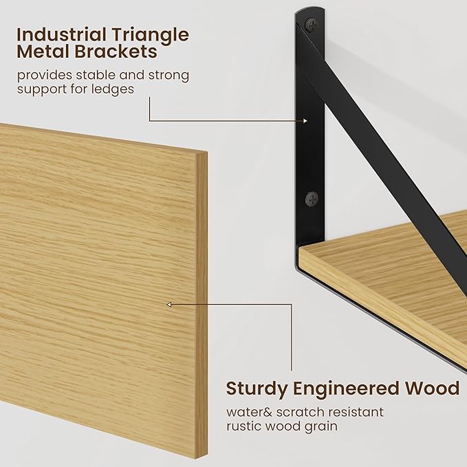 Fun Memories Floating Shelves for Wall, 12 Inch Deep Floating Shelves Set of 2, 24W x 12D Large Wall Shelf with Sturdy Metal Brackets for Living Room, Bathroom, Bedroom and Kitchen, Oak