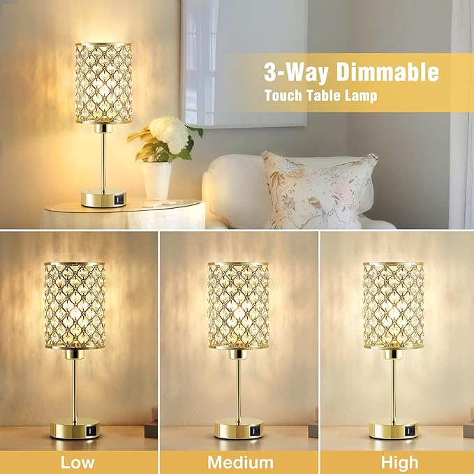 Crystal Table Lamp, Gold Touch Lamp for Nightstand with USB C+A Ports, 3 Way Dimmable Lamp with Crystal Shade, Bedside Lamp Small Lamp for Bedroom, Living Room(Buld Included)