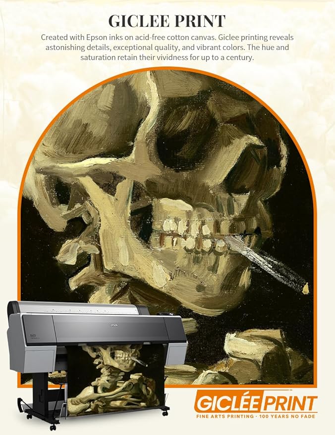 DECORARTS - Head of a Skeleton with a Burning Cigarette by Vincent Van Gogh, Large Giclee Canvas Print with Solid Wood Frame, Oversized Wall Art Decor