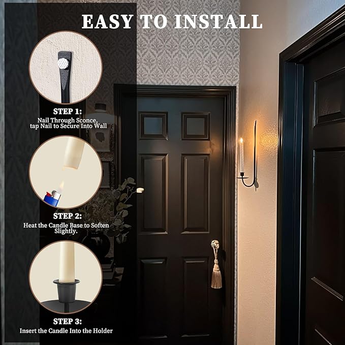 Wall Candle Holder Set of 2, Stylish Black Metal Wall Mount Candle Sconces, Modern Wall Decoration for Living Room, Farmhouse, Fireplace, and Weddings