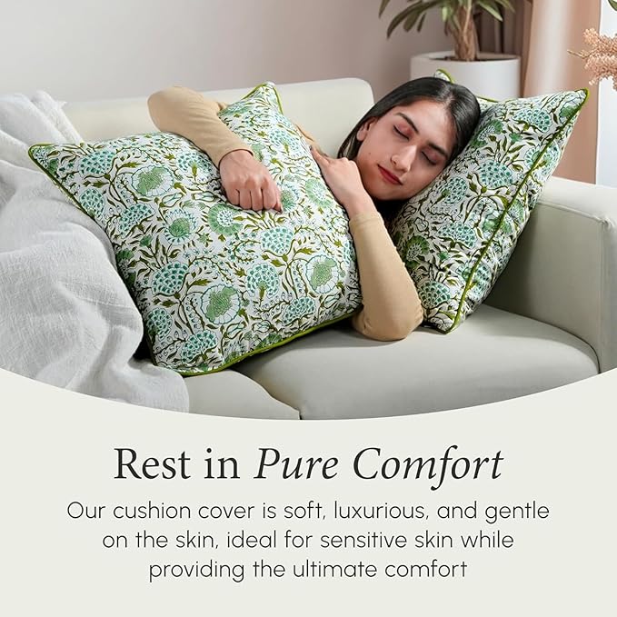 CPC 100% Cotton Throw Pillow Covers 16X16 Green Block Print Pattern Couch Pillow, Cute Boho Decorative Pillows for Living Room, Bedroom with Hidden Zipper- Coral Pink