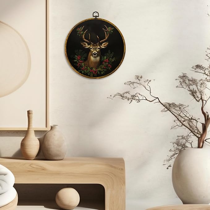 CUANFDDSF Vintage Christmas Reindeer Round Wall Art Decor, Rustic Dark Moody Xmas Reindeer Holiday Wall Hanging Frame Decor, Gothic Christmas Canvas Prints Decorations for Home Bedroom, 10x10 Inch
