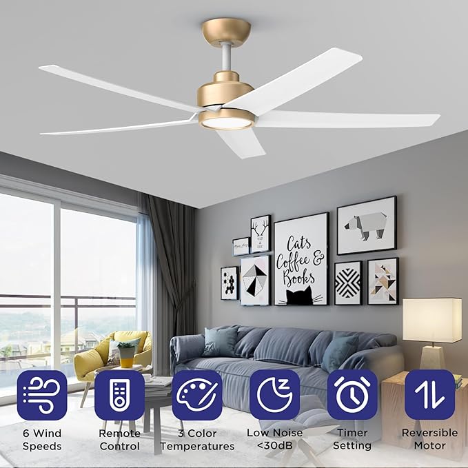 ocioc 2-Pack 52 inch Ceiling Fans with Liights Ultra Quiet DC Motor 3 Color Temperatures Modern Ceiling Fan for Bedroom Kitchen Indoor Covered Outdoor Gold