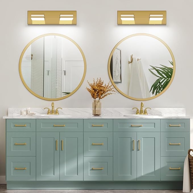 SineRise LED Modern Bathroom Vanity Light Fixtures (2-Light, 15.5-Inch, Dimmable), Brass Modern Acrylic Bathroom Wall Lighting Fixtures Over Mirror (Cool White 6000K)