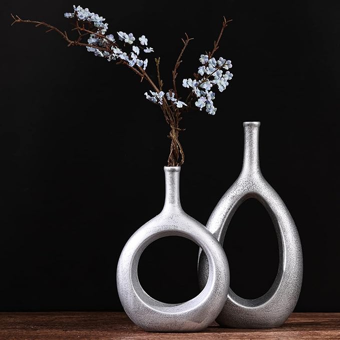 Silver Ceramic Hollow Elliptical Vase Set of 2 - Boho Circle Vase with Hole, for Modern Silver Table Decor, Living Room Decor Shelf mid Century Modern Home Entrance Decorative vase