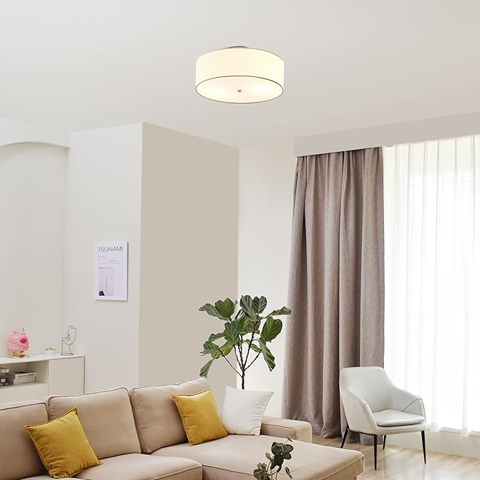 GLOBE Electric 60998 2-Light Flush Mount Ceiling Light, Matte Brass, White Linen Shade, E26 Base, Minimalist Lighting for Kitchen Island, Bathroom, Bedroom, or Dining Room, Home Decor