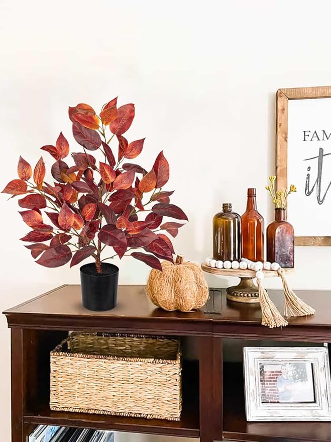 Briful 19.7" Fake Fall Tree in Black Pot, Autumn Small Artificial Elm Leaf Tree Faux Plants Indoor for Home Office Room Tabletop Mantel Thanksgiving Decor