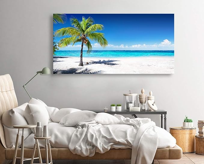 Baisuart Large Canvas Wall Art Summer Ocean Waves Coconut Trees on Sands Beach Seascape Painting Sea Nature Pictures for Living Room Home Office Wall Decor Artwork XXLarge 30x60inch