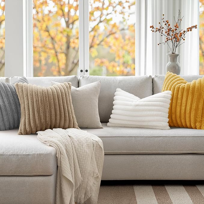MIULEE Faux Fur Decorative Throw Pillow Covers 18x18 Inch Set of 2, Modern Spring Home Decor Soft Plush Couch Pillows Cozy Fluffy Cushion Covers for Sofa Khaki