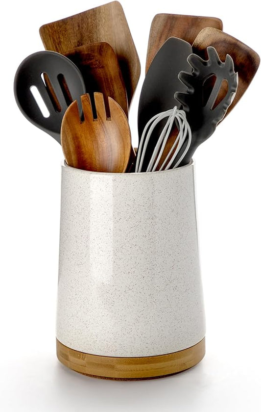 Nucookery 360° Rotating Utensils Holder, 8.2" Extra High Large Ceramic Kitchen Utensil Holder with Countertop-Protection Cork Bottom, Farmhouse Kitchen Decor for Counter (Sand)