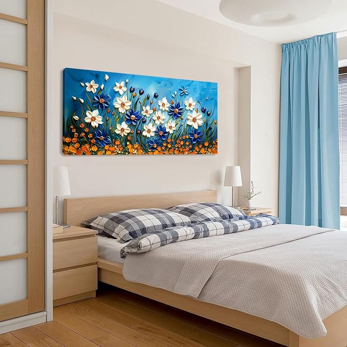 ZESTFLICKR Daisy Canvas Wall Art Daisies Flower Oil Painting Print Modern Floral Canvas Painting Artwork Nature Painting for Living Room Bedroom Home Office Kitchen Decoration (28x58 inches)