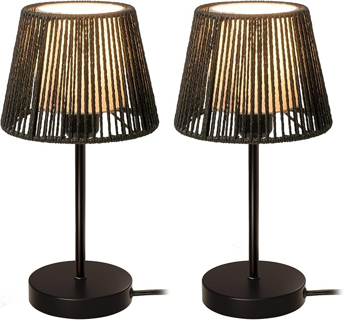 Touch Boho Lamp Dimmable, 3-Way Bedside Table Lamp 14.2", Rope Light for Bedroom Nightstand Farmhouse, Bulb Included, 2 Packs (Black)