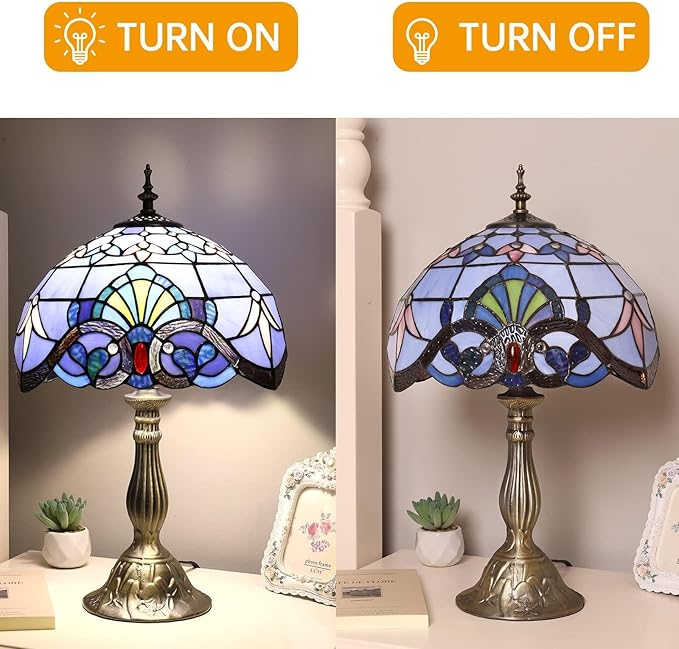 YingJu Tiffany Lamp,Blue Stained Glass Lamp,12X12X19 Inches Vintage Table Lamp for Bedroom,Living Room,Home Office(Including 2 LED Bulbs)
