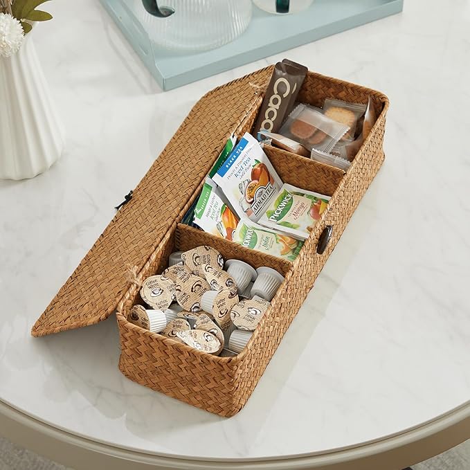 Nonam Seagrass Storage Small Basket with Lid - 3-Section Divided Organizer for Tea,Sugar,Coffee,Tampons - Woven Shelf Bin for Closet, Toilet Tank - Rectangular Narrow Boho Basket Home Decor