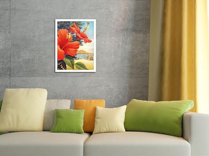 Hibiscus Beach Day - Waikiki Beach - Red Hibiscus - Vintage Hawaiian Travel Poster by Kerne Erickson - Master Art Print (Unframed) 12in x 18in