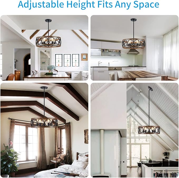 XINGQI Dining Room Chandelier 5-Light Black Modern Chandelier 21.7'' Farmhouse Drum Pendant Light Fixture for Living Room Kitchen Island Bedroom Office with Wood Grain Finish