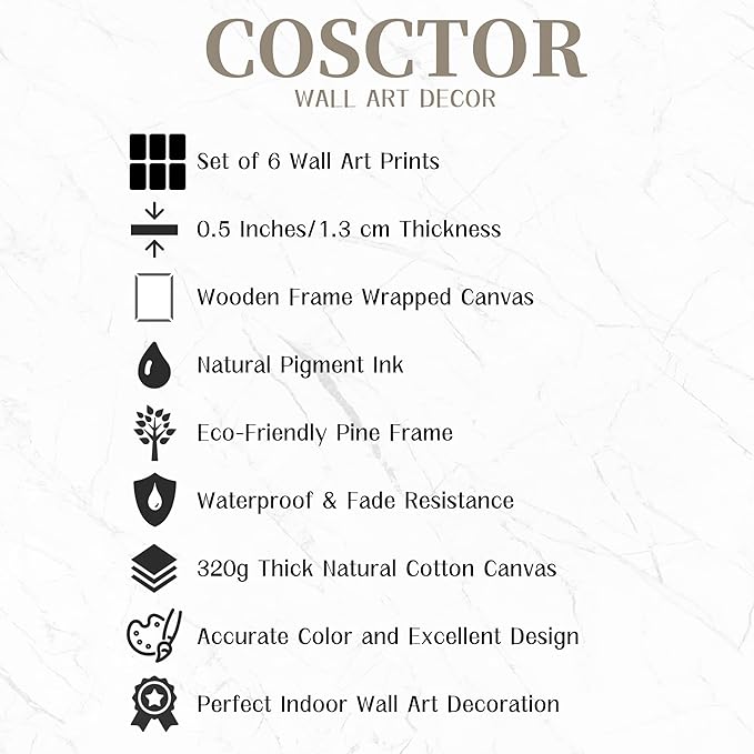 COSCTOR Set of 6 Claude Monet Wall Art Decor Canvas Vintage Famous Artist Retro Landscape Colorful Posters and Prints for Living Room Bathroom Bedroom Hallway Kitchen (Framed, 12x16)