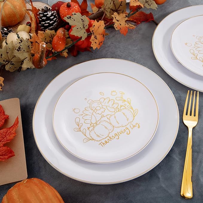 YOUBET 125PCS Thanksgiving Plastic Plates - Fall Plastic Plates with Gold Rim & Gold Silverware include 25Dinner Plate, 25Salad Plate, 25Knives, 25Forks, 25Spoons for Thanksgiving Party