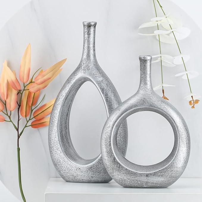 Silver Ceramic Hollow Elliptical Vase Set of 2 - Boho Circle Vase with Hole, for Modern Silver Table Decor, Living Room Decor Shelf mid Century Modern Home Entrance Decorative vase