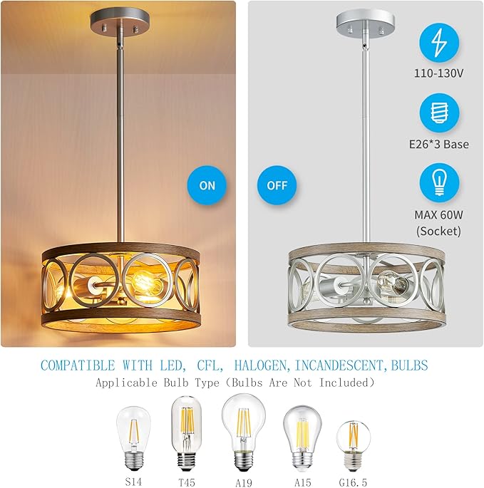 XINGQI 13" Rustic Drum Pendant Lighting Fixture Modern Chandelier 3-Light Height Adjustable Ceiling Lamp for Dining Room Kitchen Island Living Room Bedroom Foyer Hallway, Brushed Nickel