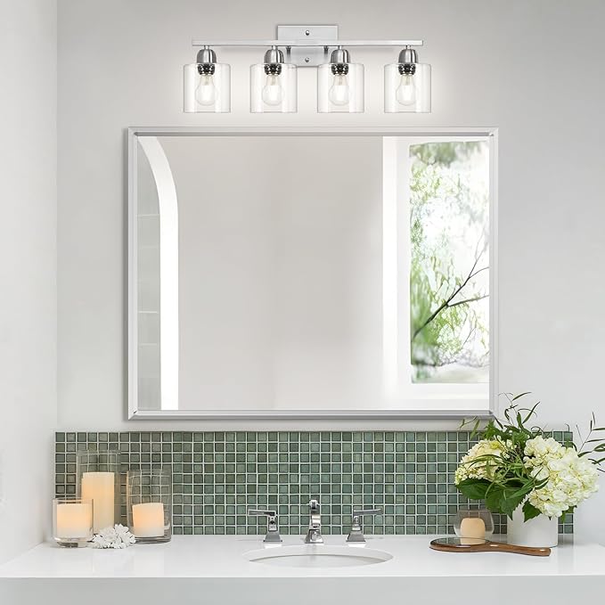 Brushed Nickel Vanity Lights for Bathroom, 4 Light Bathroom Vanity Light Over Mirror, Wall Lights with Clear Glass, E26 Socket