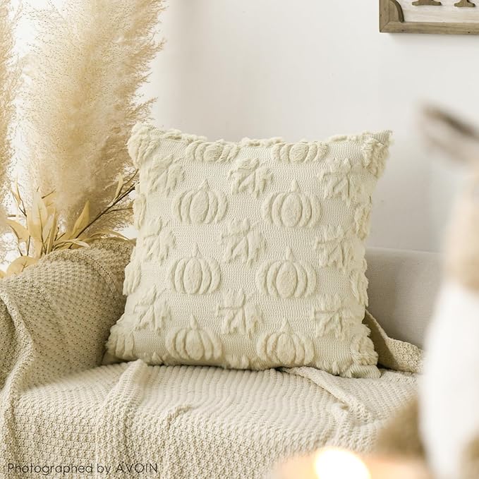 AVOIN colorlife Fall Pumpkin Maple Leaves Beige Throw Pillow Covers, 16 x 16 Inch Seasonal Autumn Thanksgiving Harvest Soft Plush Faux Fur Jacquard Cushion Case Decoration for Sofa Couch Set of 2