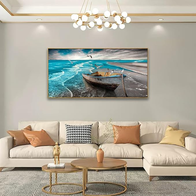 Ocean Canvas Wall Art Prints Waves Seascape Paintigns Boat Seagulls Beach Wall Decor for Living Room Bedroom Natural Scenery Artwork 20 * 40inch
