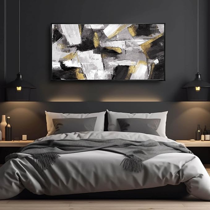 Black And Gold Wall Art Abstract Wall Decor Home Decor Living Room Large Artwork Framed Pictures Gold Decor Painting Wall Decorations 24”x48”