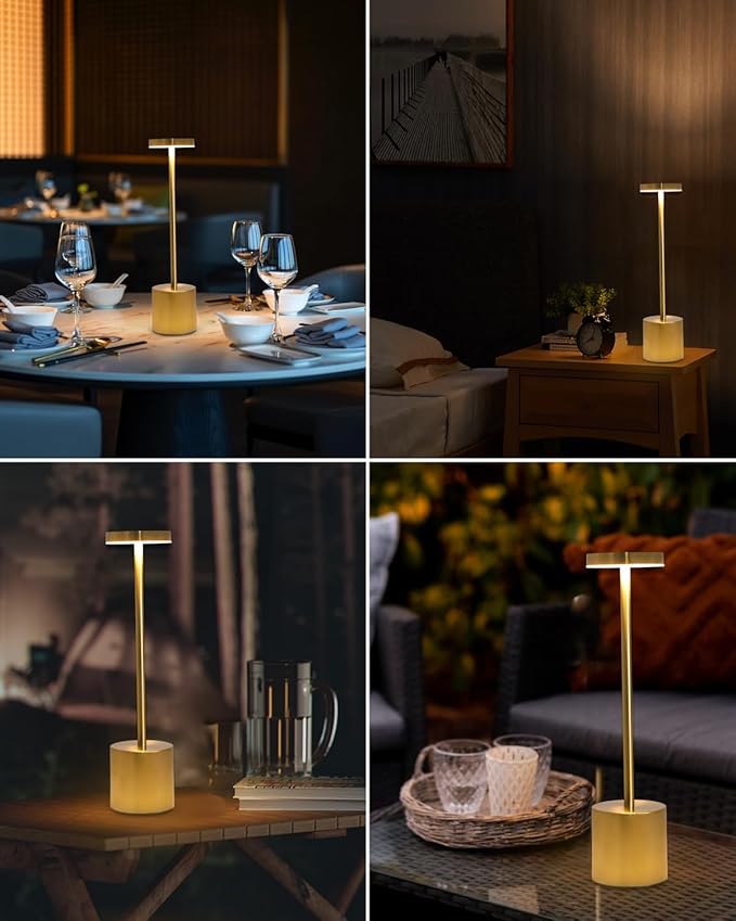 2 Pack LED Cordless Table Lamp, Portable 5000mAh Rechargeable Bedside Lamp, Touch Control Outdoor Table Lamps, 3 Color Dimmable Battery Operated Lamps for Restaurant/ Patio/ Bedroom/ Outdoor - Gold
