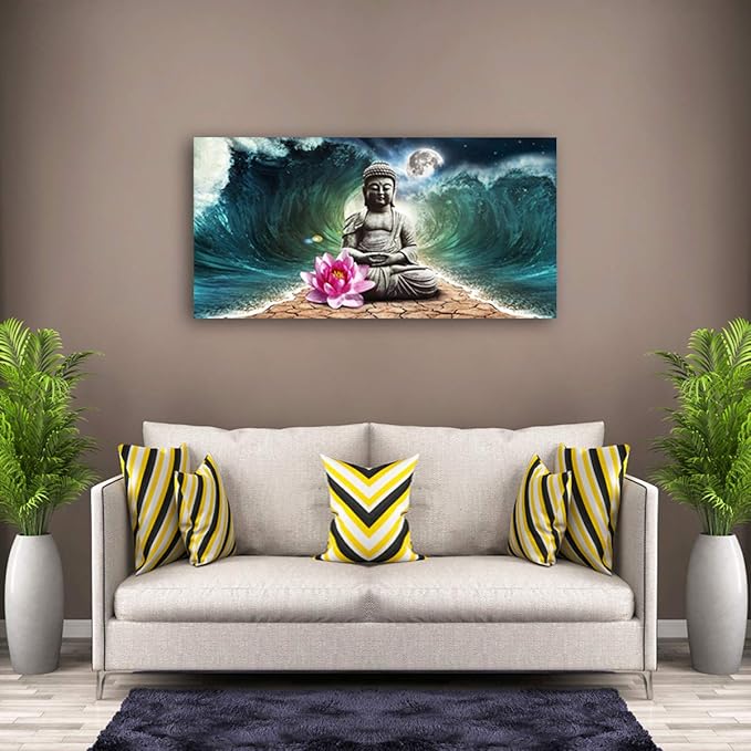 Canvas Wall Art Buddha Pictures Home Decor Grey Zen in The Background of Moon and Waves Poster Prints Painting for Living Room Bedroom Bathroom Kitchen Office Decoration Hindu Artwork 20x40 Inches