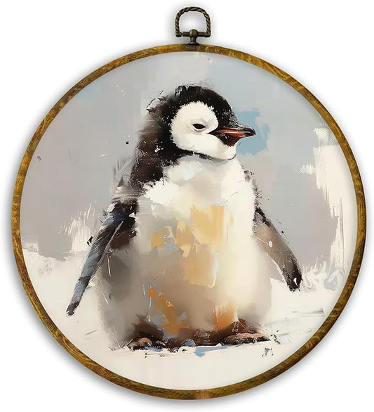 CUANFDDSF Christmas Winter Penguin Round Wall Art Decor, Rustic Winter Penguin Wall Hanging Frame Decor, Farmhouse Christmas Animal Canvas Prints Decorations for Home Bedroom Living Room, 10x10 Inch