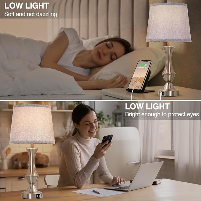Touch Table Lamps Set of 2, 22" Tall Bedside Lamps, Nightstand Lamps with USB C+A Charging Ports, 3 Way Dimmable Lamp for Bedrooms, Living Room, Office, Silver Lamp with Grey Lampshade, Bulbs Included