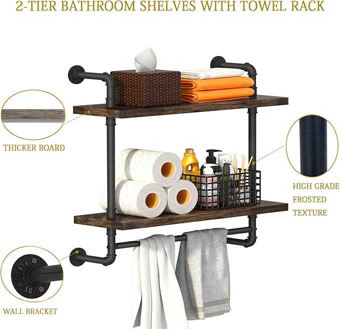 Helsin 24inch Industrial Pipe Shelving Bathroom Shelves Wall Mounted with Towel bar, 2 Tier Rustic Wood Floating Shelf, Metal Towel Rack Wall Shelf for Home & Bathroom (Brown, 24inch)