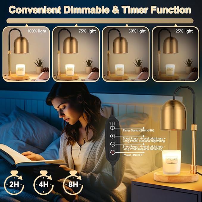 Candle Warmer Lamp with Timer & Dimmer, Adjustable Height Electric Candle Warmer with 3 Bulbs,Compatible with All Size Scented Candles, Wax Melt Warmer for Bedroom,Home Decor House Warming Gifts