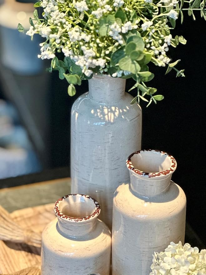 CwlwGO- Ceramic Rustic Vase 3 Piece Set,Small vase for Country Home Decoration,Modern Farmhouse Decor, Living Room Table Decoration, Bookcase, Fireplace and Entrance Decorations.(White)