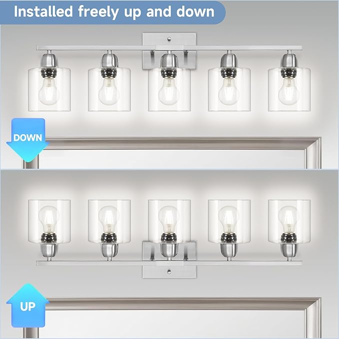 Bathroom Light Fixtures Brushed Nickel, 5 Light Bathroom Vanity Light Over Mirror, Vanity Lights with Clear Glass, E26 Socket