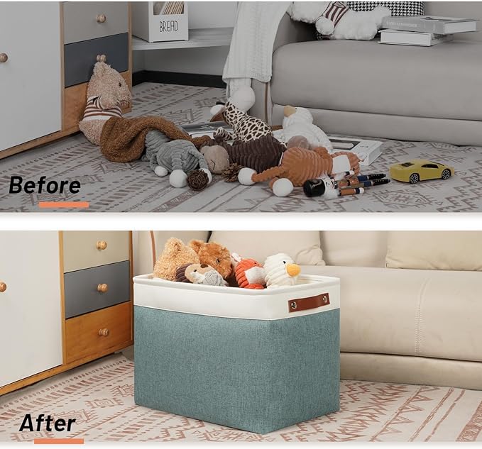 DULLEMELO Large Storage Baskets, Storage Basket with Handles for Shelves, Linen Closet Organizers for Home Office, Decorative Storage Baskets for Toys Storage (3 Pack, White&Deep Green)