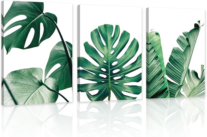 COSCTOR Set of 3 Botanical Wall Art Bathroom Green Plant Tropical leaf Picture Framed Prints for Home Living Room Bedroom Restroom Decoration(Framed,12x16)