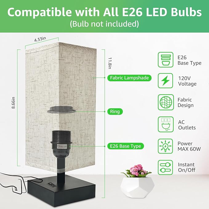 Small Lamp for Bedroom, Bedside Lamps for Night Stands, Mini Minimalist Table Lamp With Square Flaxen Fabric Shade, 11 Inch Desk Reading Lamp for Dorm Living Room Office, 1 Pack