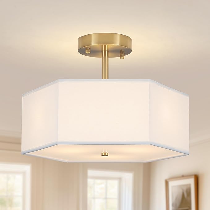 Modern Ceiling Light with White Fabric Shade 3-Light Gold Semi Mount Flush Fixture for Bedroom Dining Room Kitchen and Hallway