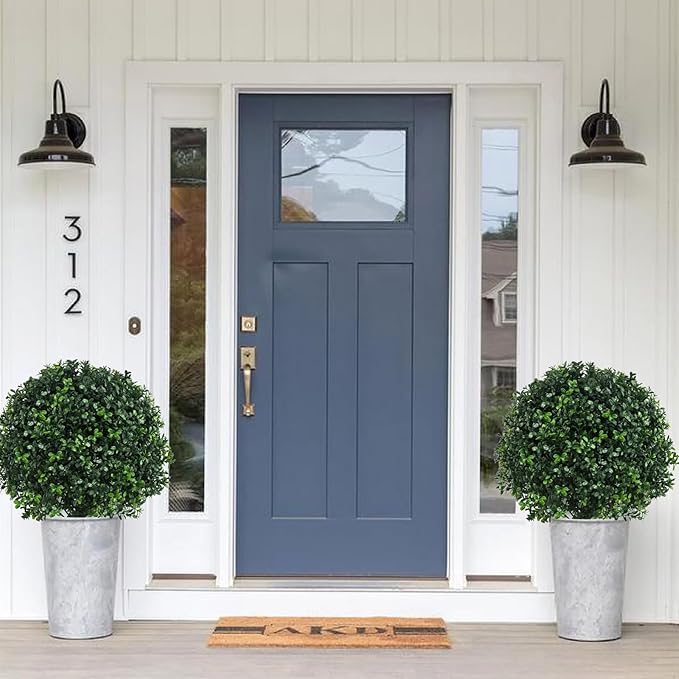 Artificial Boxwood Topiary Ball Bush for Outdoor with Spike, Set of 2 UV Resistant Faux Boxwood Ball Tree with Stake, Weatherproof Fake Round Topiary Shrub Plant for Front Porch Planter