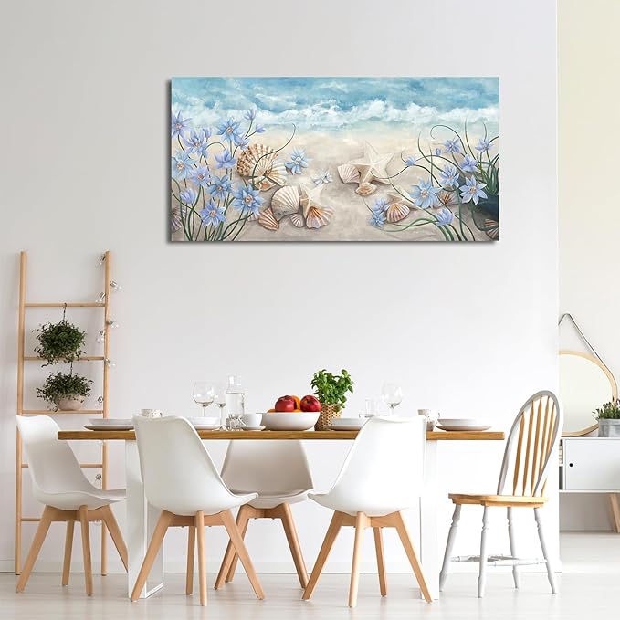 NINEASO Sea Beach Wall Art - Ocean Decor Coastal Scene Canvas Pictures Starfish Shells Seaside Painting Print Blue White Flowers Artwork for Living Room Bedroom Home Office 20" x 40"