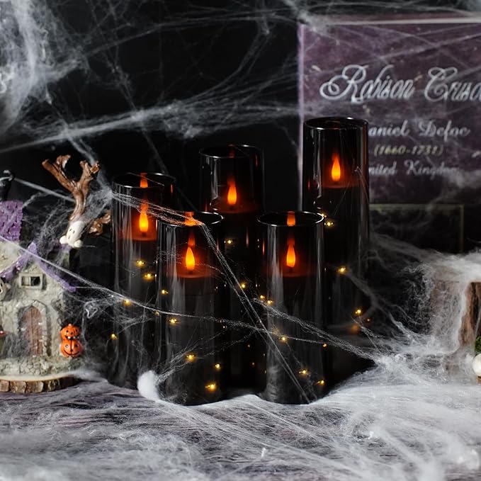 Flameless LED Candles with Timer 5 Pc Flickering Flameless Candles for Romantic Ambiance and Home Decoration Stable Acrylic Shell,with Embedded Star String,Battery Operated Candles(Grey)