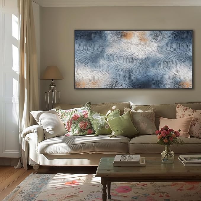 Wall Art Water Inspired Ripple Abstract Wall Decor Blue Orangen Modern Artwork for Living Room Bedroom Dining Room Home Office Decor Large Framed Ready to Hang 30"x60"