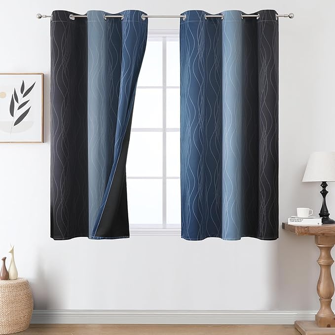 Estelar Textiler Navy Blue and Black Ombre Blackout Curtains 54 Inches Long, Full Light Blocking Gradient Grommet Drapes for Kitchen, Thermal Insulated Curtains for Bedroom, 42Wx54L, 2 Panels