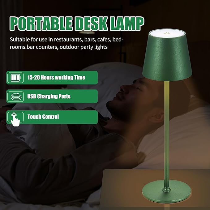 2Pack Cordless Table Lamps USB Rechargeable Simplicity Desk Lamp Built-in 4600 mAh Battery LED Battery Operated lamp with Touch Control Table lamp - Bedroom/Desk/Reading/Patio(Green)