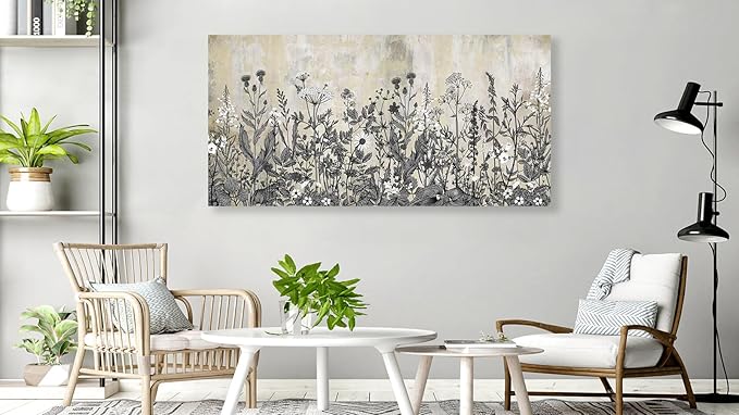 NINEASO Botanical Canvas Wall Art - Wildflower Pictures Vintage Grey Brown Floral Wall Decor Rustic Beige Print Flower Plants Painting Artwork for Living Room Bedroom Home Office Decorations 29" x 58"